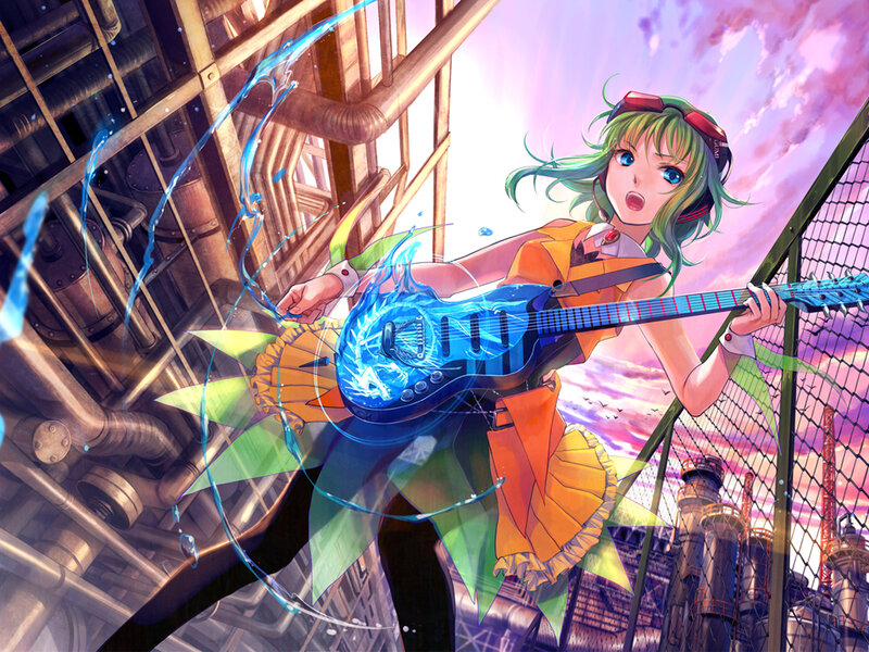 Green-haired Girl with Guitar — Blue, Dramatic, Sunset