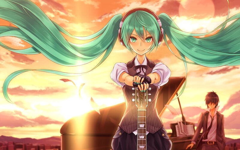 Green-haired Girl with Guitar — Green, Dramatic, Sunset