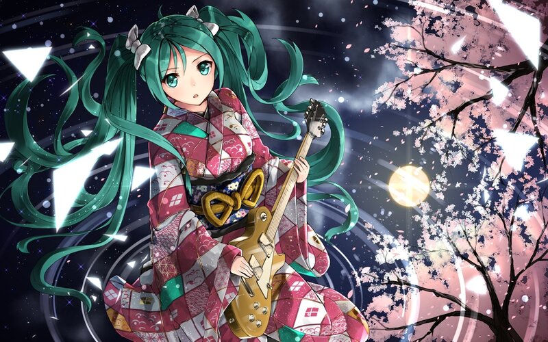 Green-haired Girl with Guitar — Green, Dreamy, Night