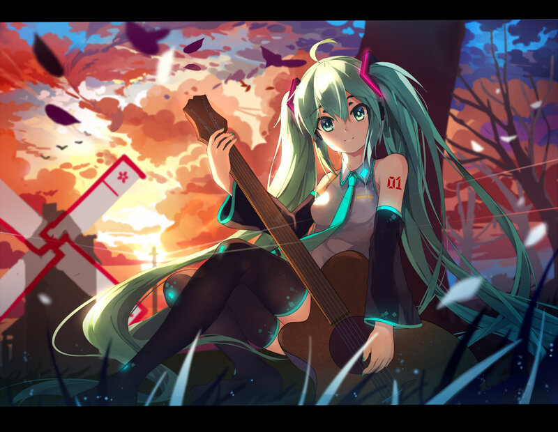 Green-haired Girl with Guitar — Orange, Dramatic, Sunset