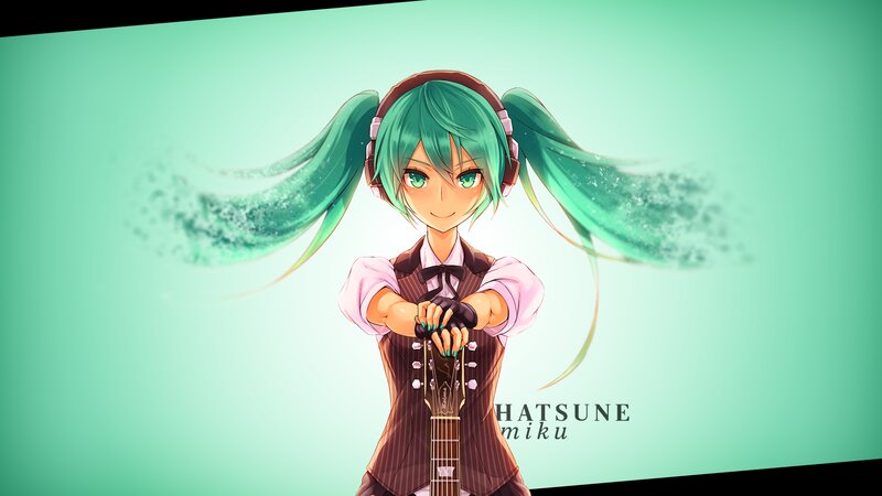 Green-haired Girl with Guitar — Teal, Cheerful