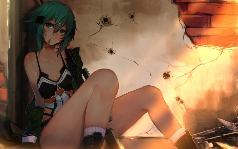 Green-haired Girl with Gun — Green, Dramatic