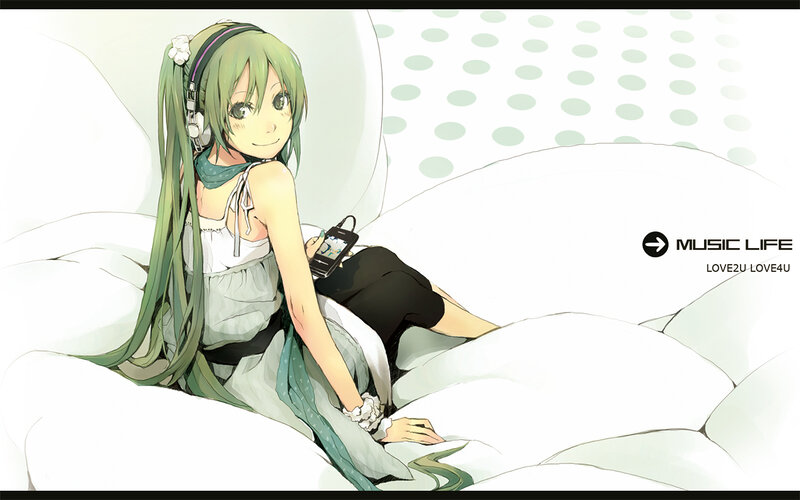 green-haired girl with headphones