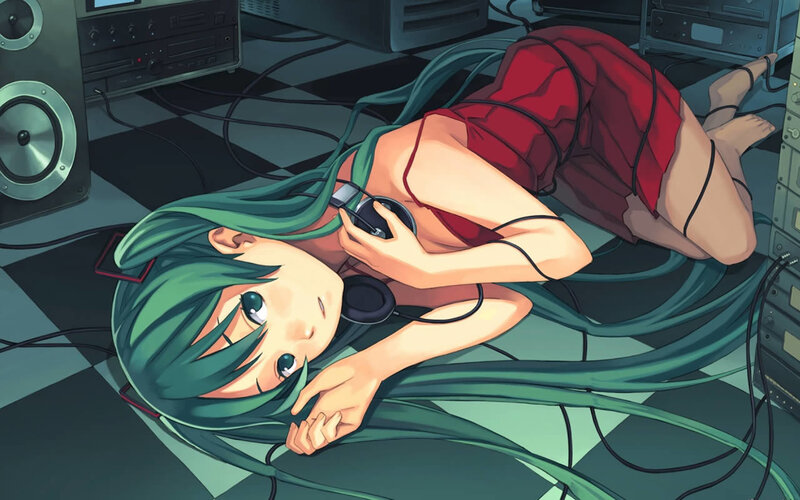 green-haired girl with headphones
