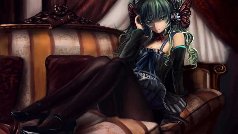 green-haired girl with headphones
