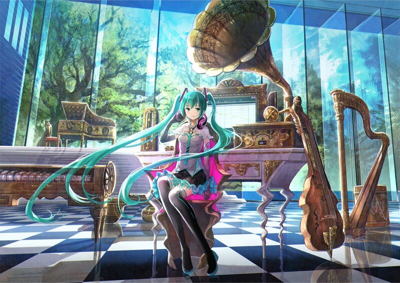 Green-haired Girl with Headphones — Cyan, Serene