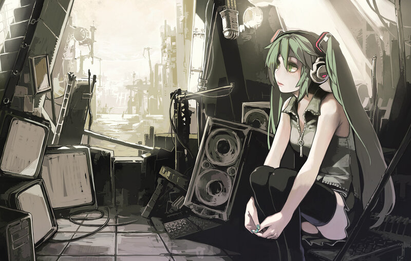 Green-haired Girl with Headphones — Green, Melancholic