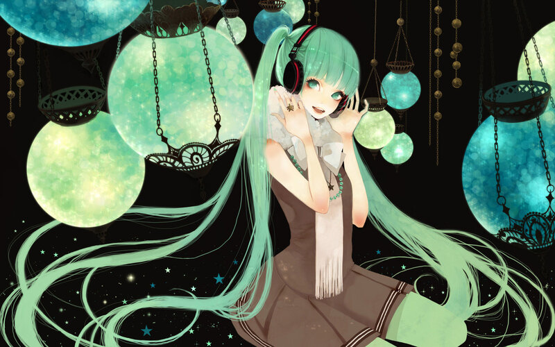 Green-haired Girl with Headphones — Teal, Dreamy, Night