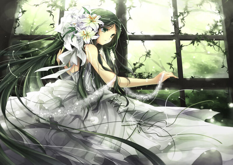 green-haired girl with lilies