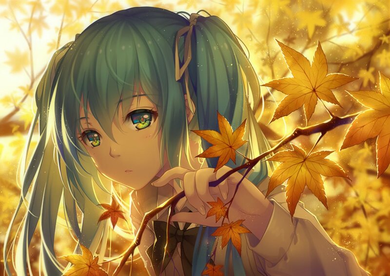 Green-haired Girl with Maple Leaves