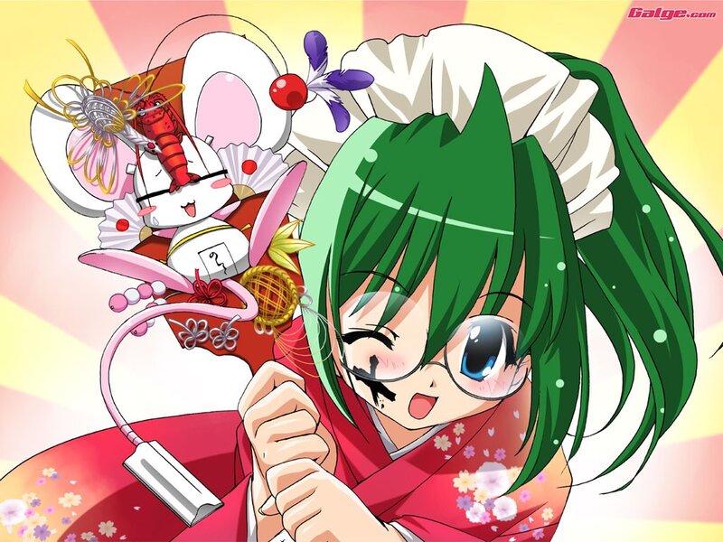 Green-haired girl with mouse companion