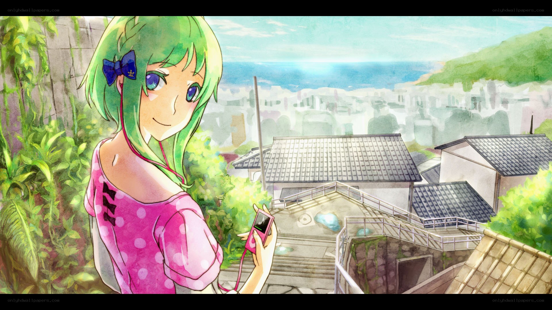green-haired girl with music player