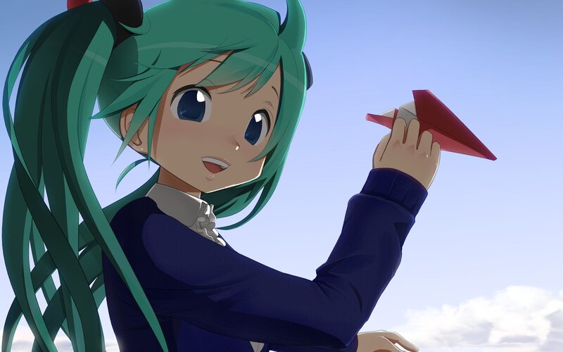 green-haired girl with paper airplane