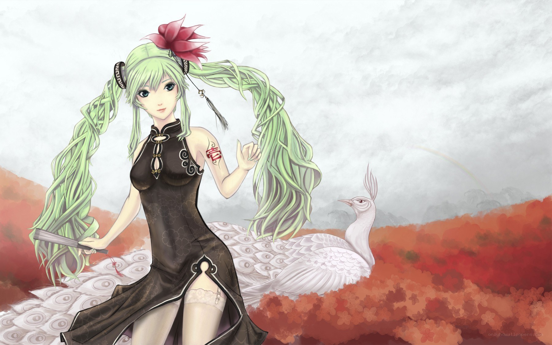 green-haired girl with peacock