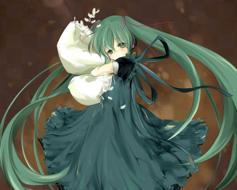 green-haired girl with pillow