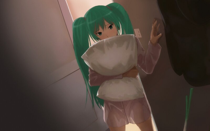 green-haired girl with pillow