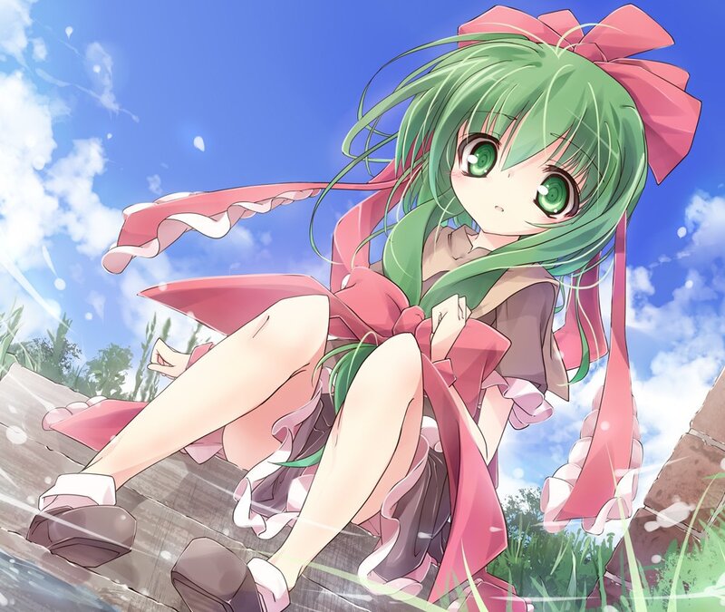 green-haired girl with pink bow