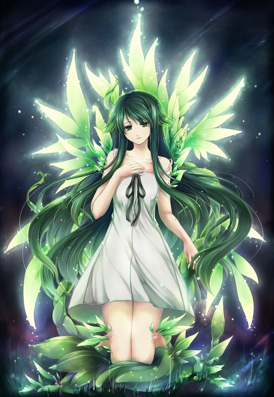 green-haired girl with plant wings