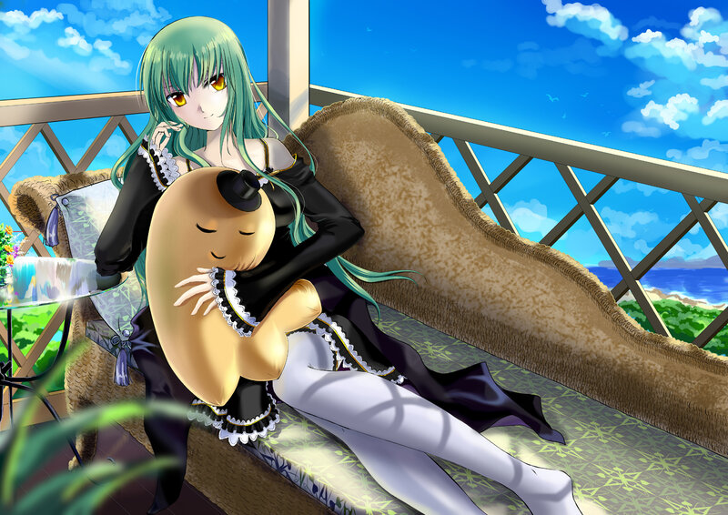 Green-haired girl with plush toy