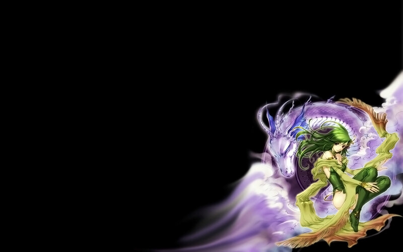 green-haired girl with purple dragon