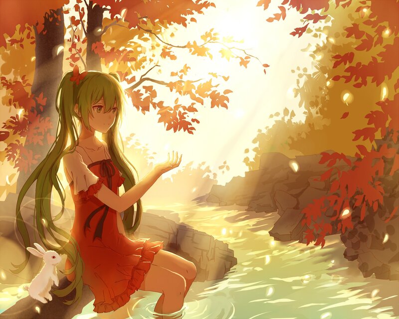Green-haired Girl with Rabbit — Orange, Serene