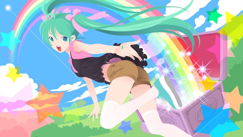 green-haired girl with rainbow