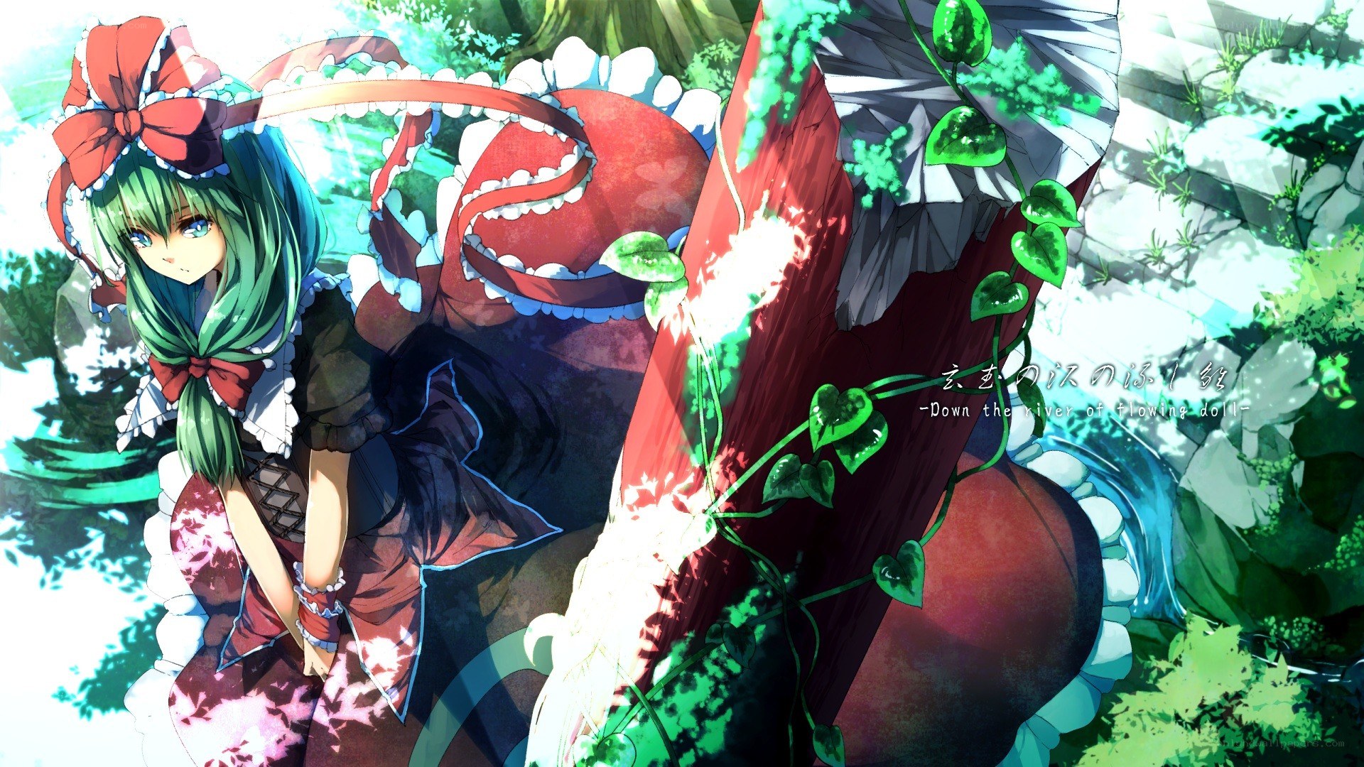 green-haired girl with red bow