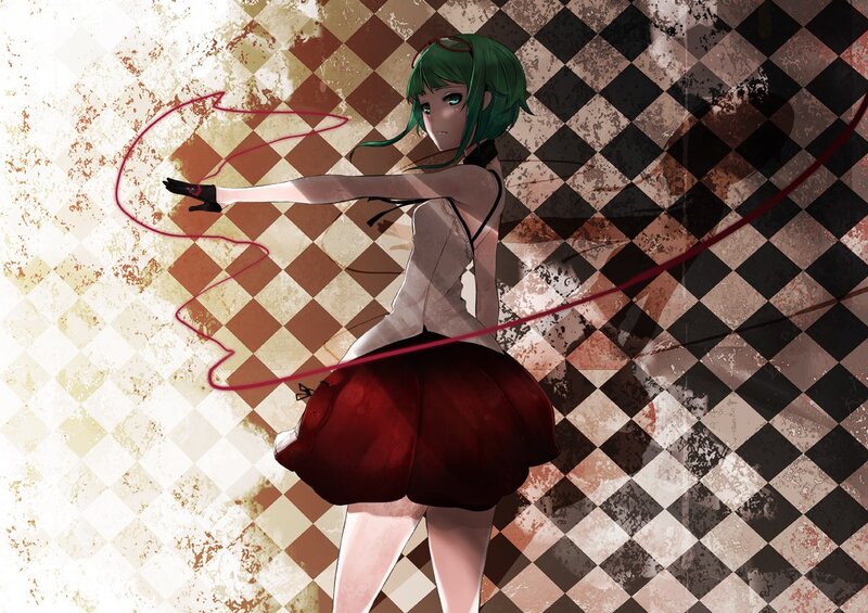 green-haired girl with red ribbon