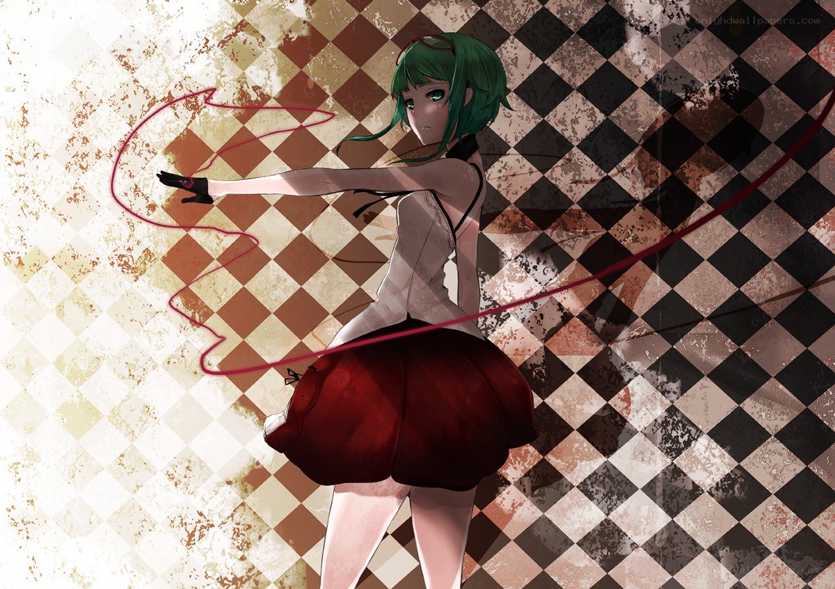 green-haired girl with red ribbon