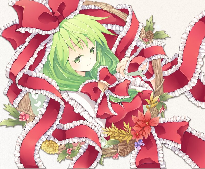 green-haired girl with red ribbons