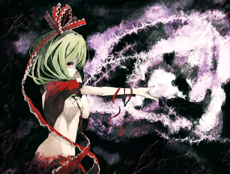 green-haired girl with red ribbons