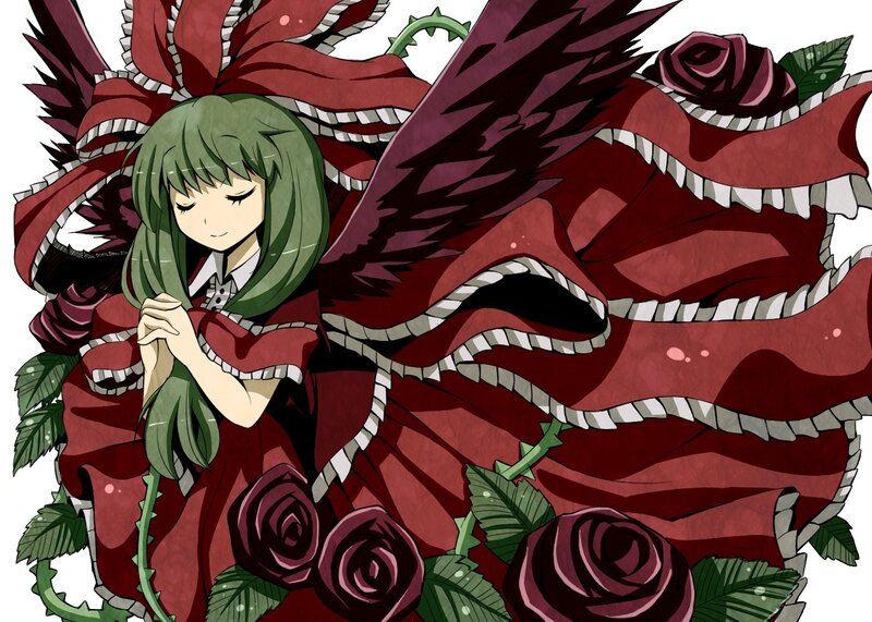 green-haired girl with red wings
