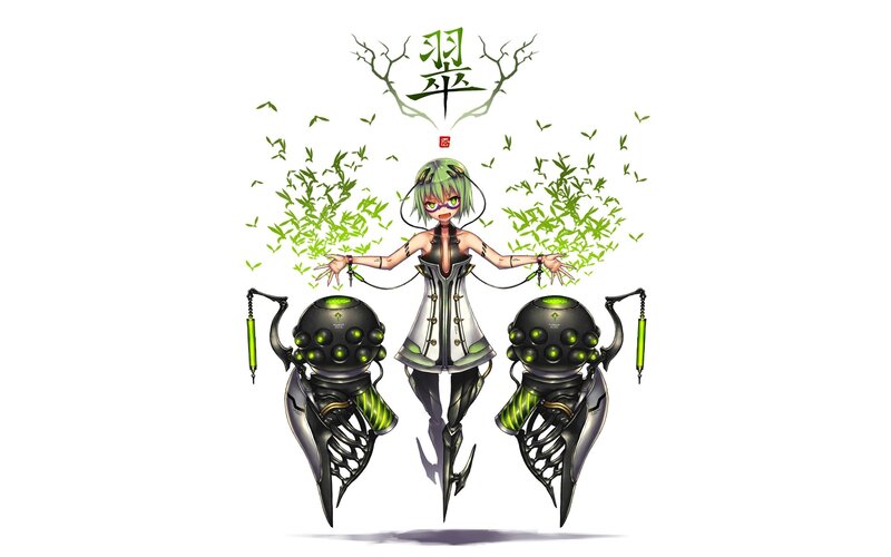 Green-haired Girl with Robots — Green, Dynamic
