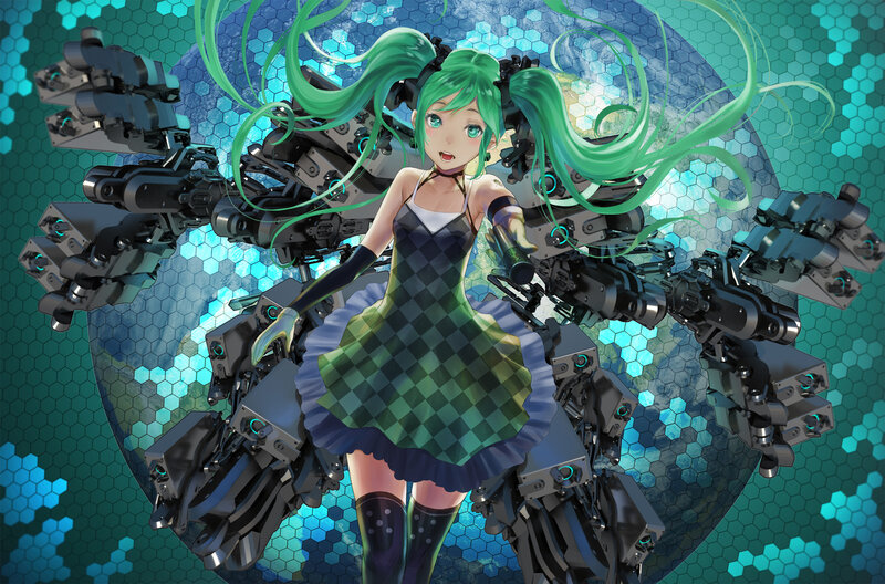 Green-haired Girl with Robots — Green