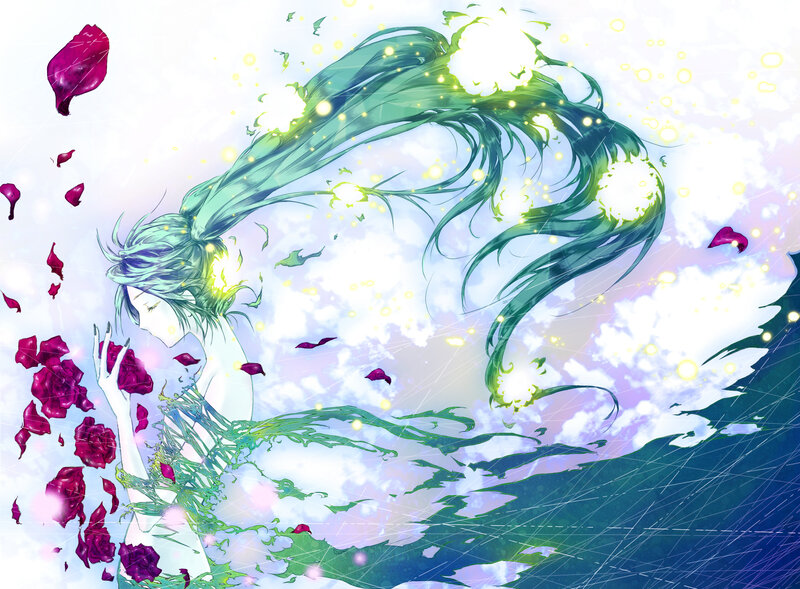 green-haired girl with rose petals
