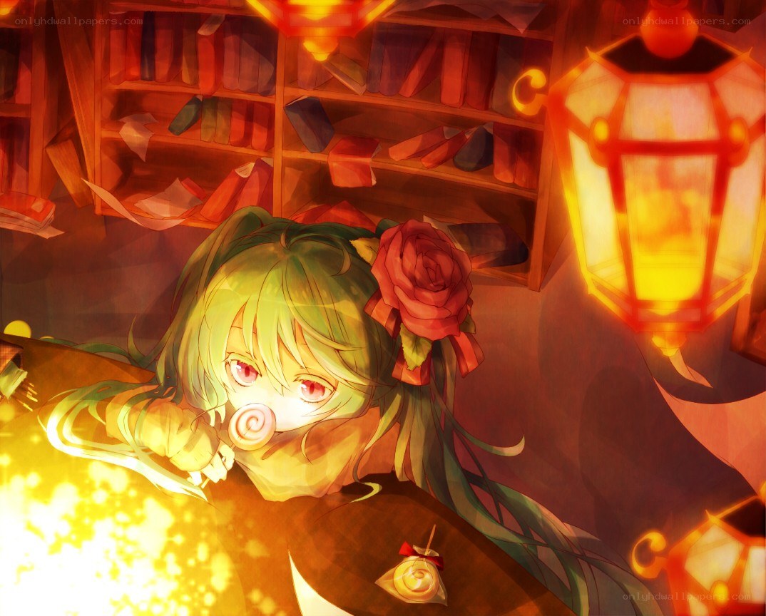green-haired girl with rose
