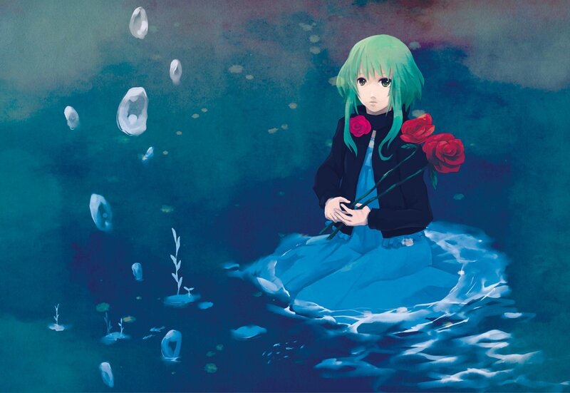 green-haired girl with roses underwater