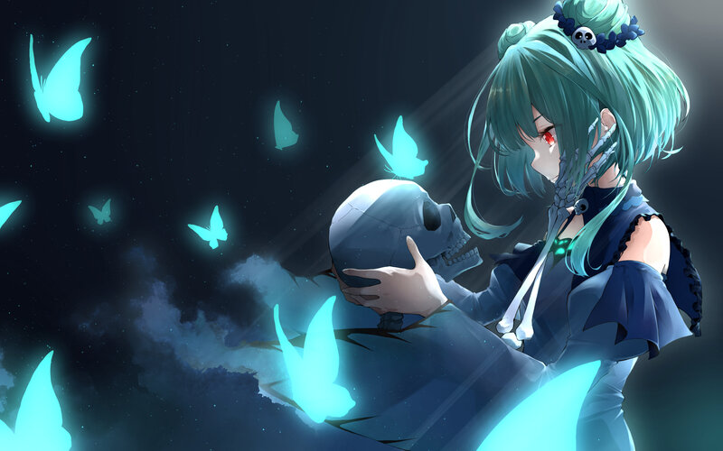 Green-haired Girl with Skull