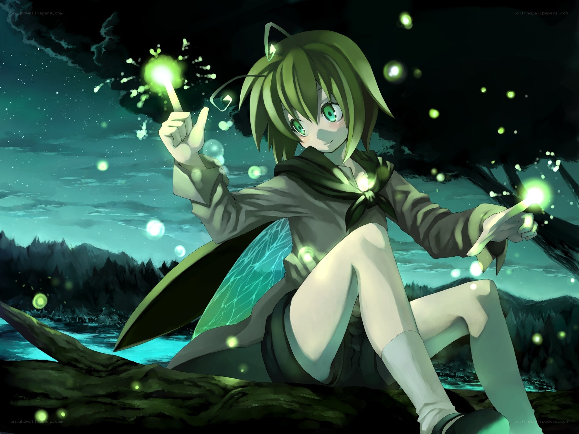 green-haired girl with sparklers