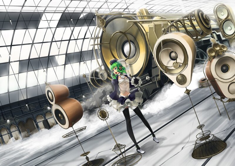 green-haired girl with speakers
