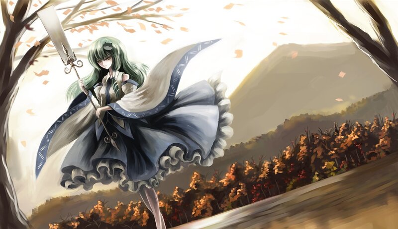 Green-haired girl with spear in autumn
