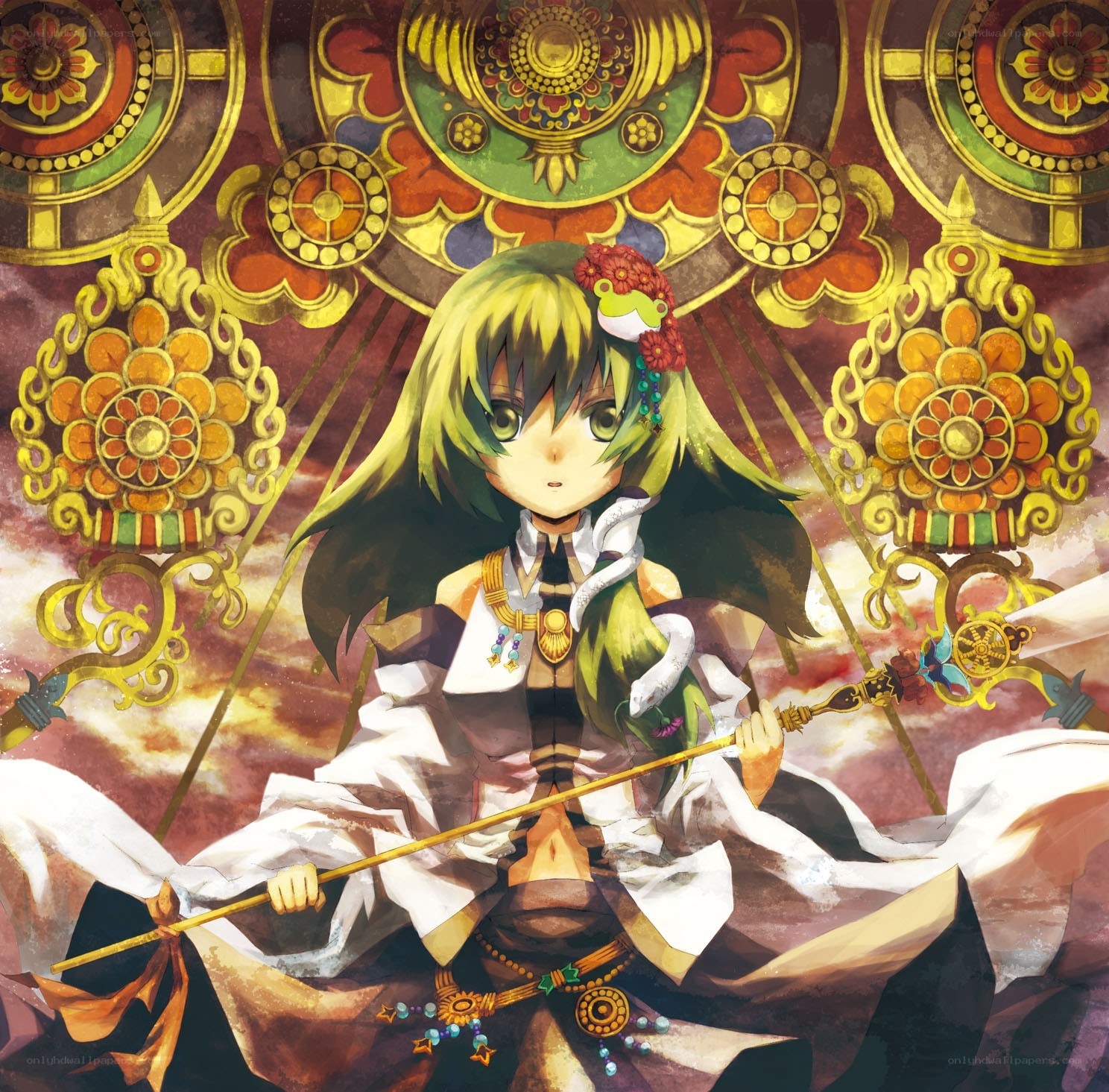 green-haired girl with staff