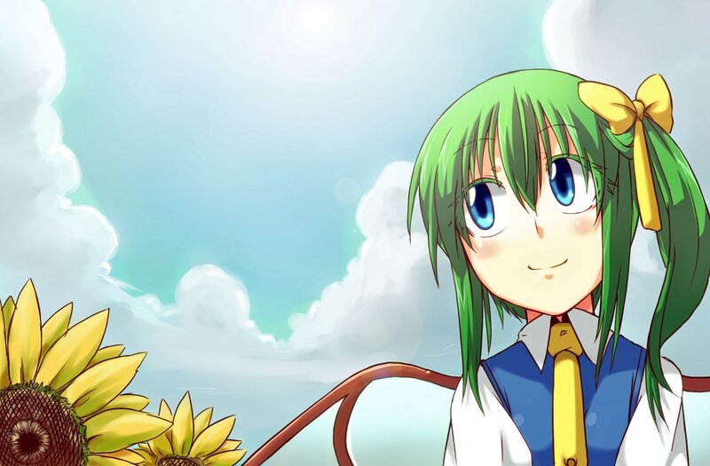 green-haired girl with sunflowers