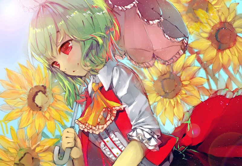 green-haired girl with sunflowers