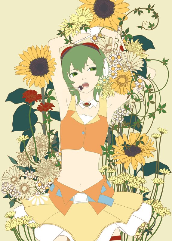 green-haired girl with sunflowers