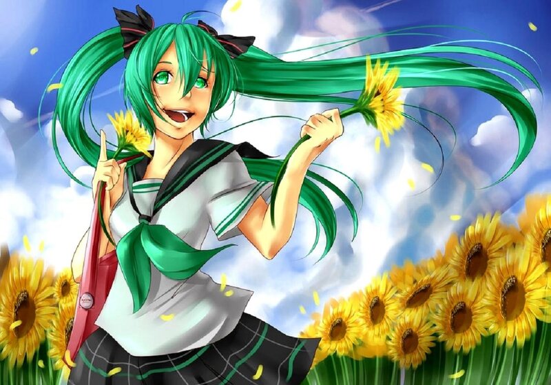 Green-haired Girl with Sunflowers — Green