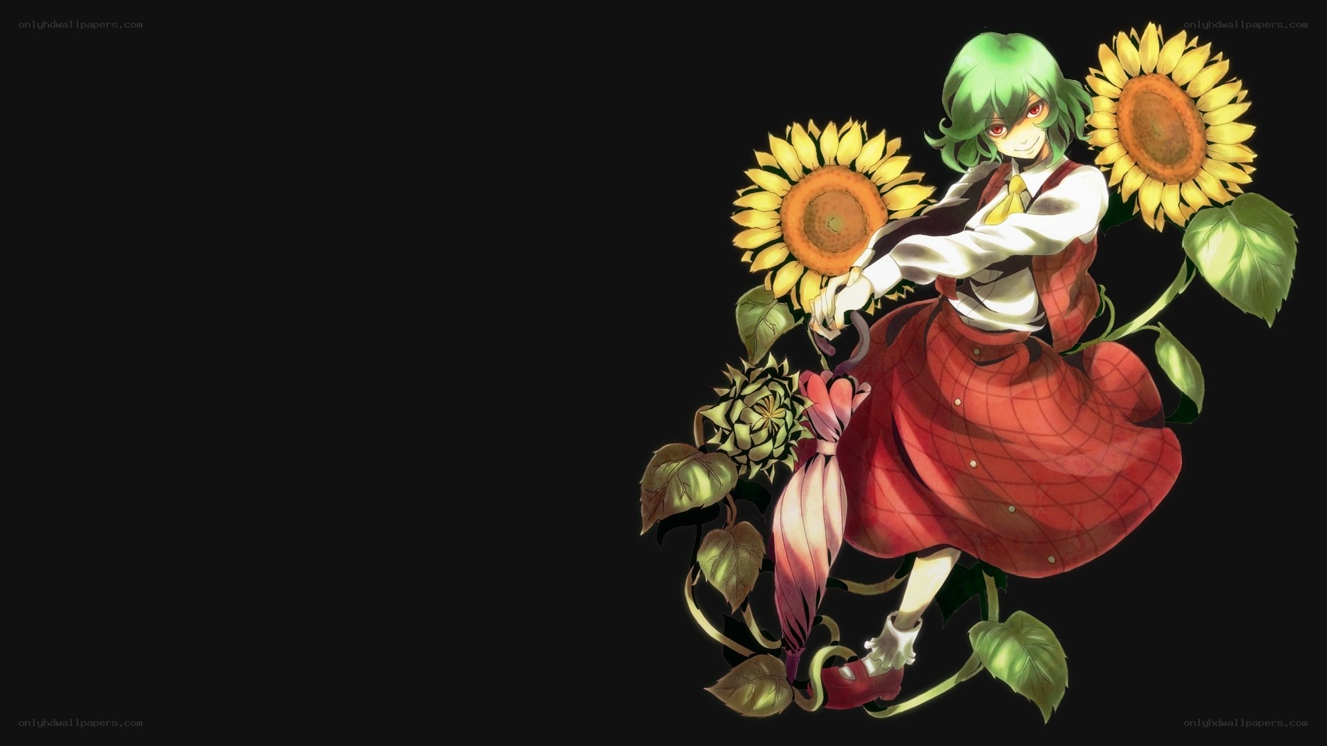 green-haired girl with sunflowers