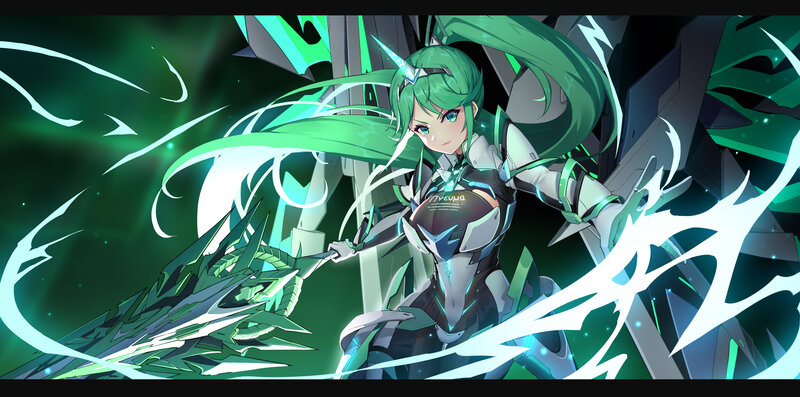 Green-haired Girl with Sword — Green, Dramatic, Digital Art