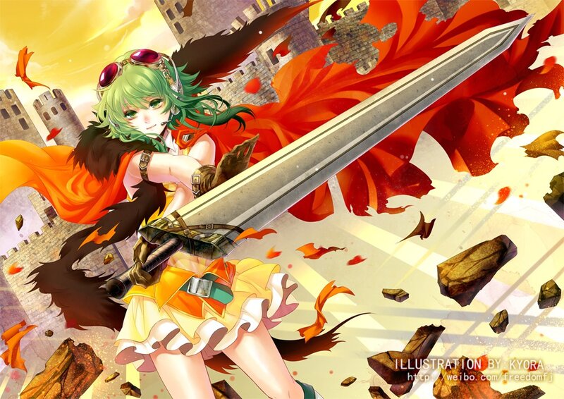 Green-haired Girl with Sword — Red, Dramatic, Sunset