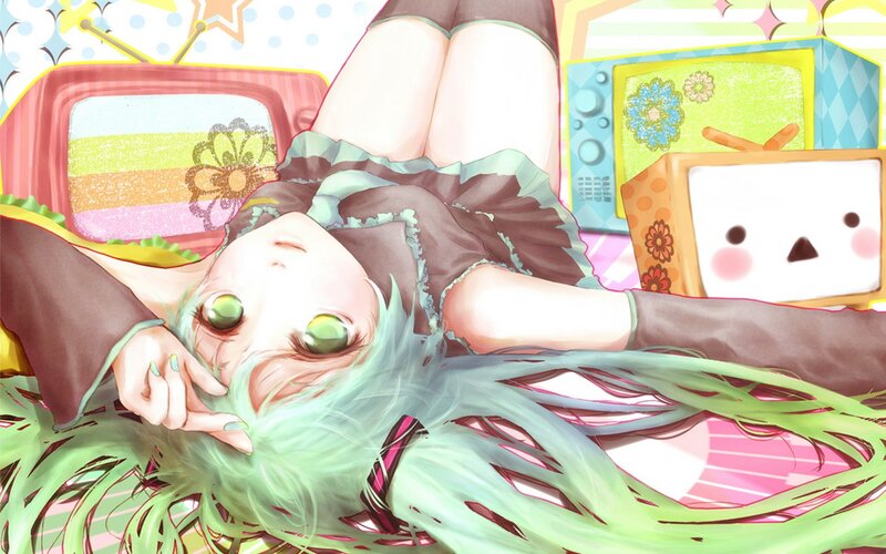 green-haired girl with televisions